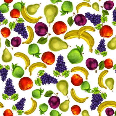 Seamless mixed organic ripe fruits pattern background with apple plum peach grapes pear and banana hand drawn sketch vector illustration