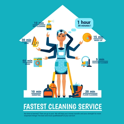 Fastest cleaning service design concept with woman in apron and cleaning tools at house silhouette background vector illustration