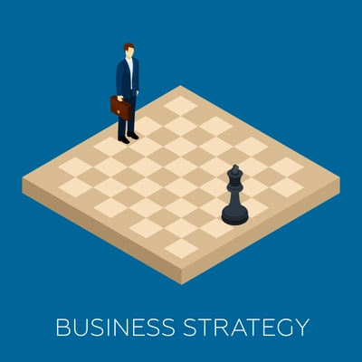 Business strategy concept with isometric chessboard and businessman vector illustration