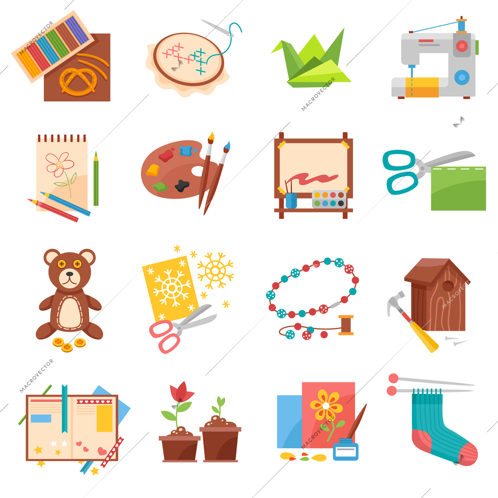 Hobbies flat icons set with sewing origami making and beading isolated vector illustration