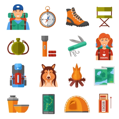 Hiking flat color isolated icons set with travelers compass tent campfire tourist accessories vector illustration