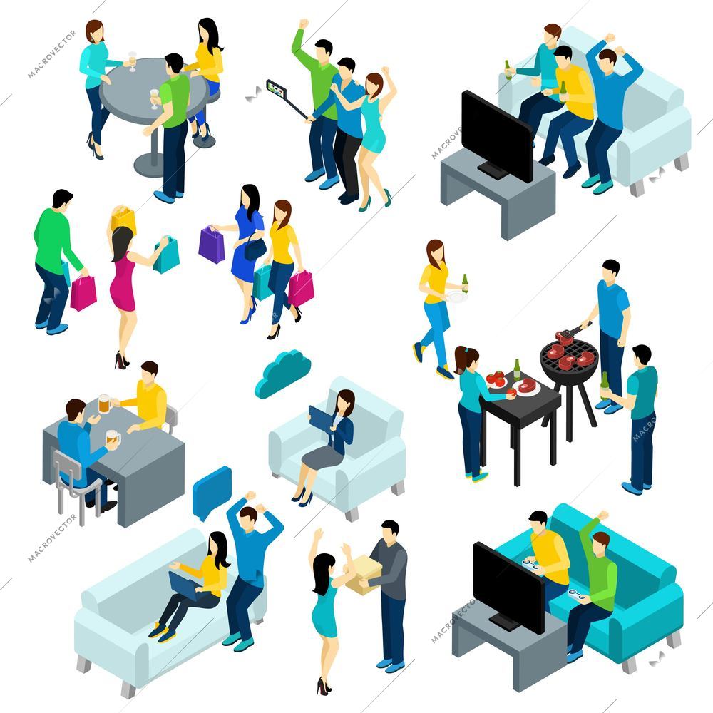 Friends isometric set with people drinking making bbq and watching tv isolated vector illustration