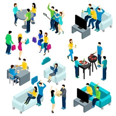 Friends isometric set with people drinking making bbq and watching tv isolated vector illustration