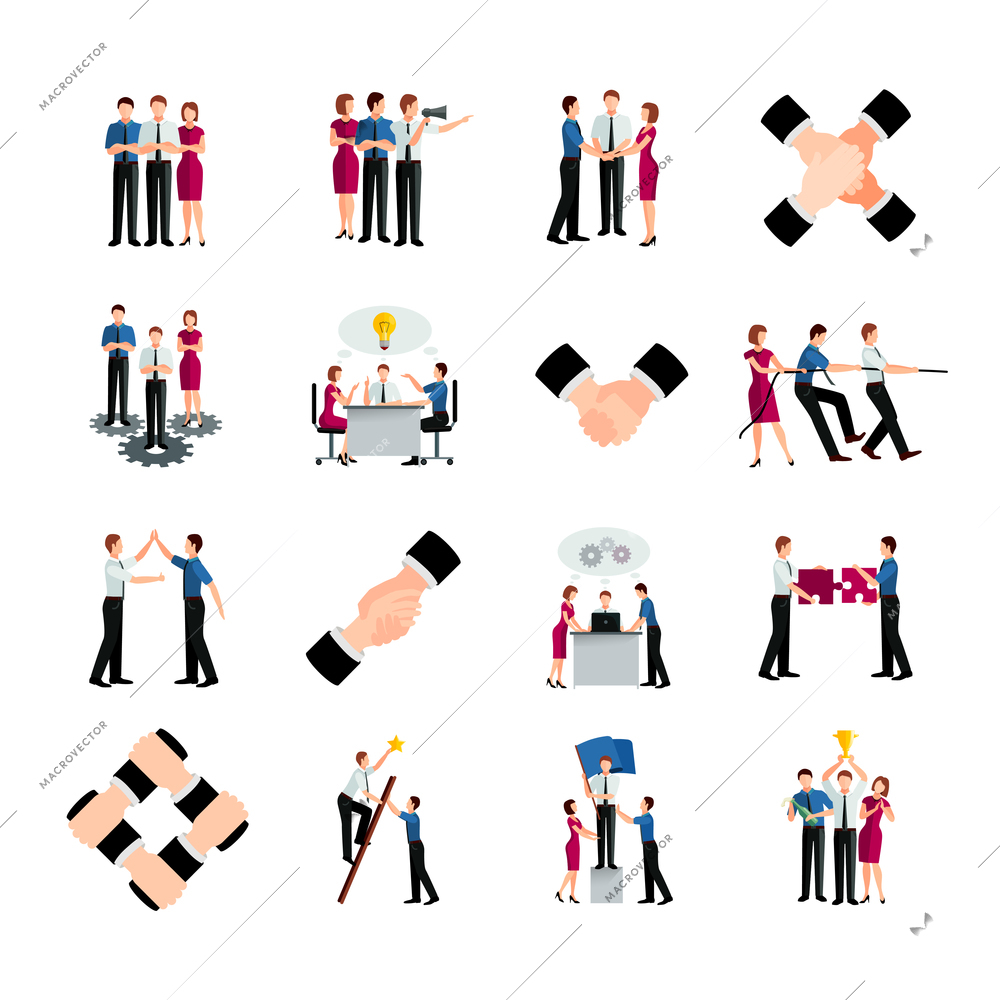 Decorative colored flat teamwork icons set with people commands and handshake signs as symbol of cooperation and partnership