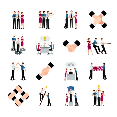 Decorative colored flat teamwork icons set with people commands and handshake signs as symbol of cooperation and partnership