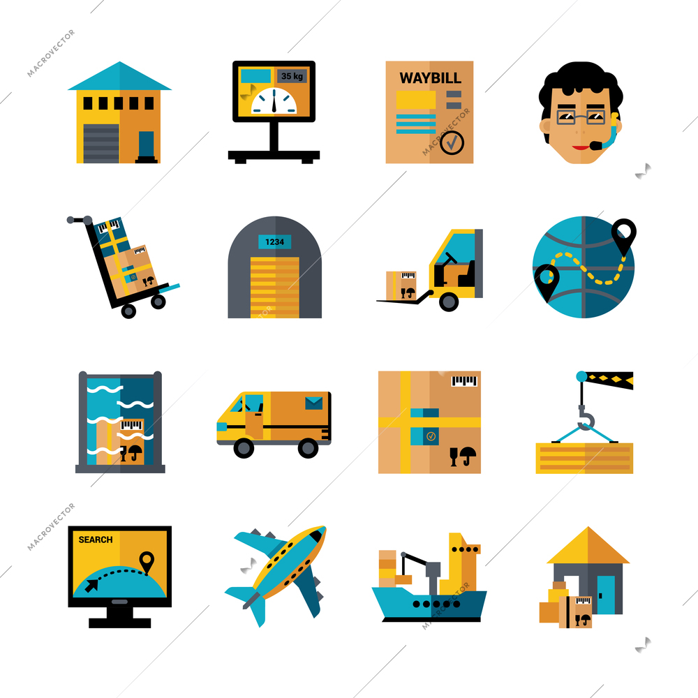 Logistics decorative color icons set of cargo weighing loading transportation shipping flat isolated vector illustration
