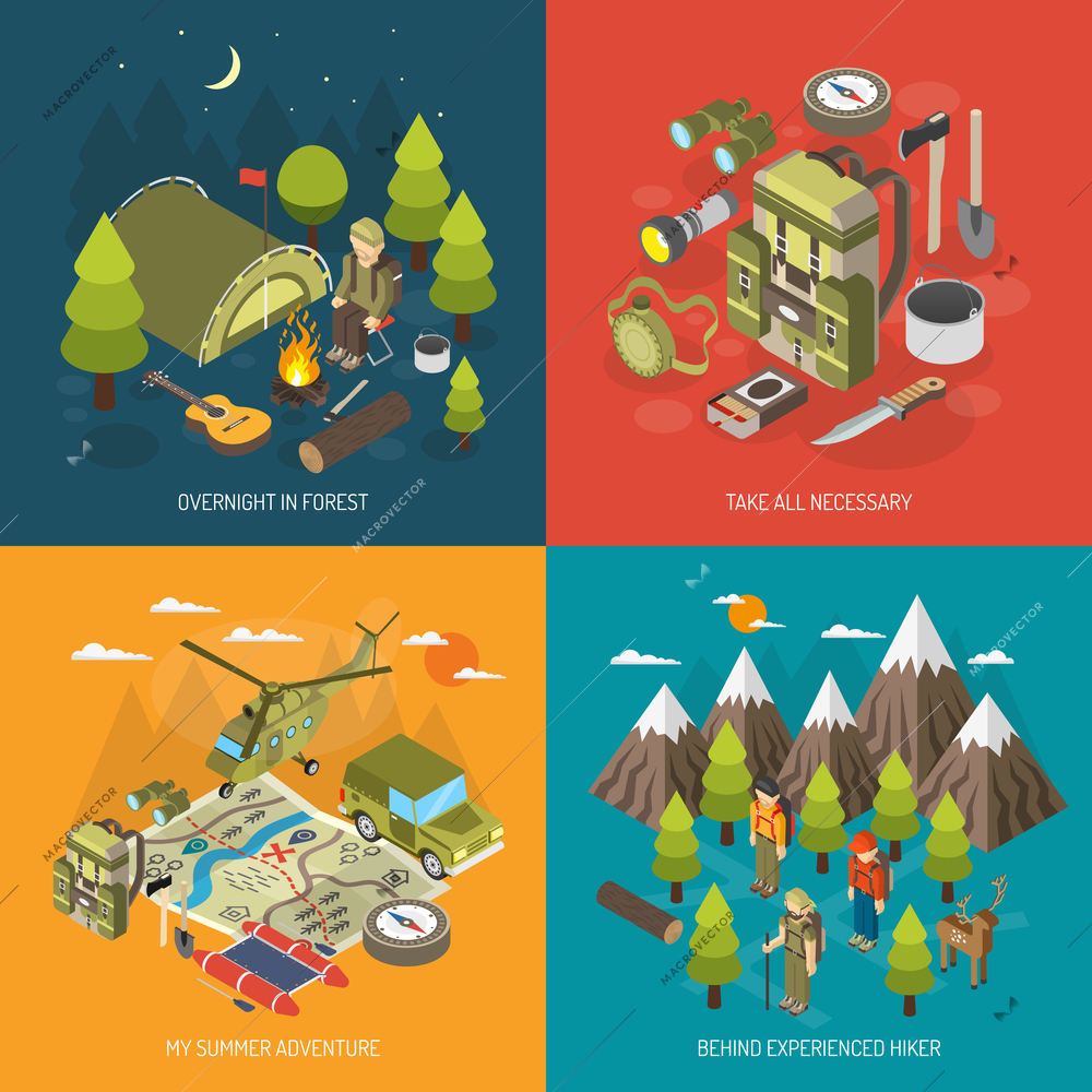 Hiking and camping design concept with tourists backpack tent axe compass binoculars bonfire vector illustration