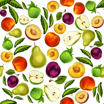 Seamless mixed ripe juicy sliced fruits pattern background with apple plum peach and pear hand drawn sketch vector illustration