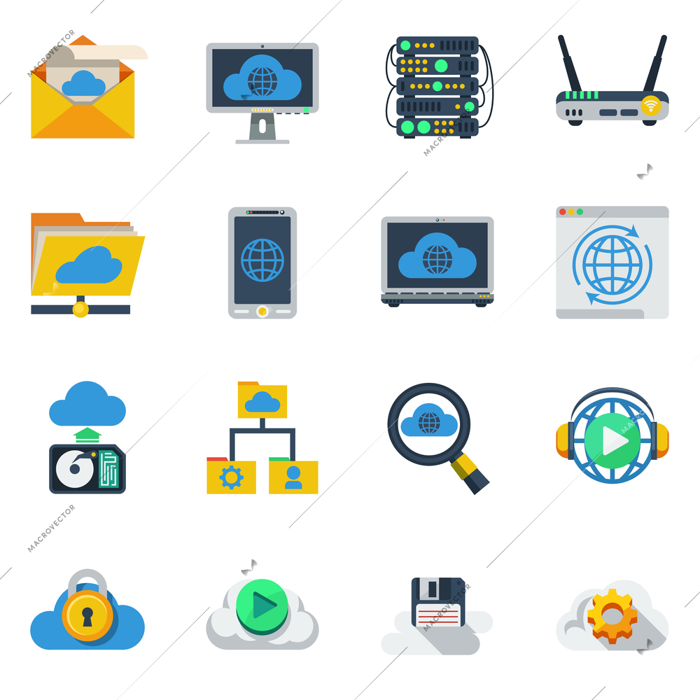 Cloud service flat color icons set of router smartphone laptop hub diskette sim card isolated vector illustration