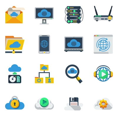 Cloud service flat color icons set of router smartphone laptop hub diskette sim card isolated vector illustration