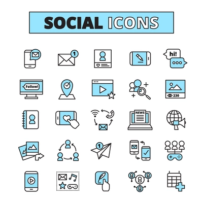 Social media line icons set for internet community email communication and group network share isolated vector illustration
