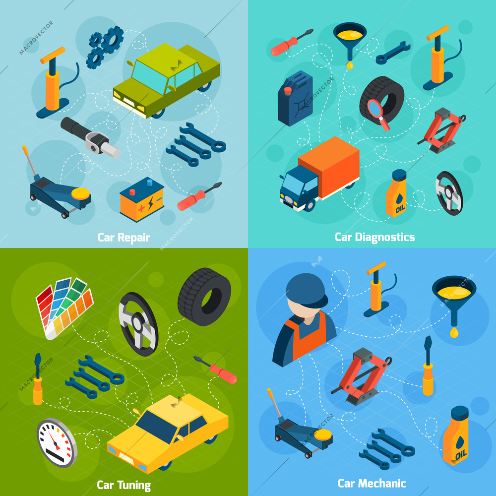 Car mechanic diagnostics repair and tuning isometric icons set isolated vector illustration