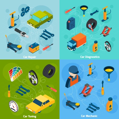 Car mechanic diagnostics repair and tuning isometric icons set isolated vector illustration