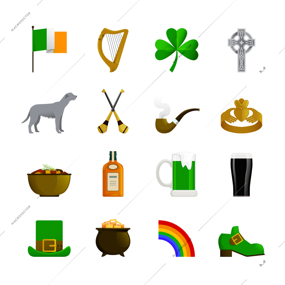 Ireland flat color decorative icons with leprechaun green hat and shoe rainbow pot with gold irish terrier and bottle of whisky