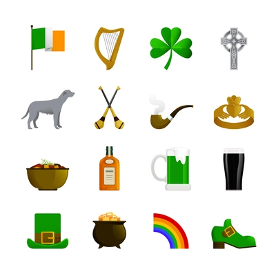 Ireland flat color decorative icons with leprechaun green hat and shoe rainbow pot with gold irish terrier and bottle of whisky