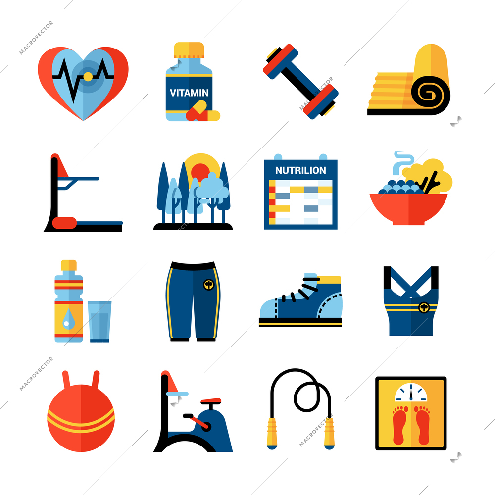 Fitness flat color icons set with sport clothes gym trainers healthy food products isolated vector illustration