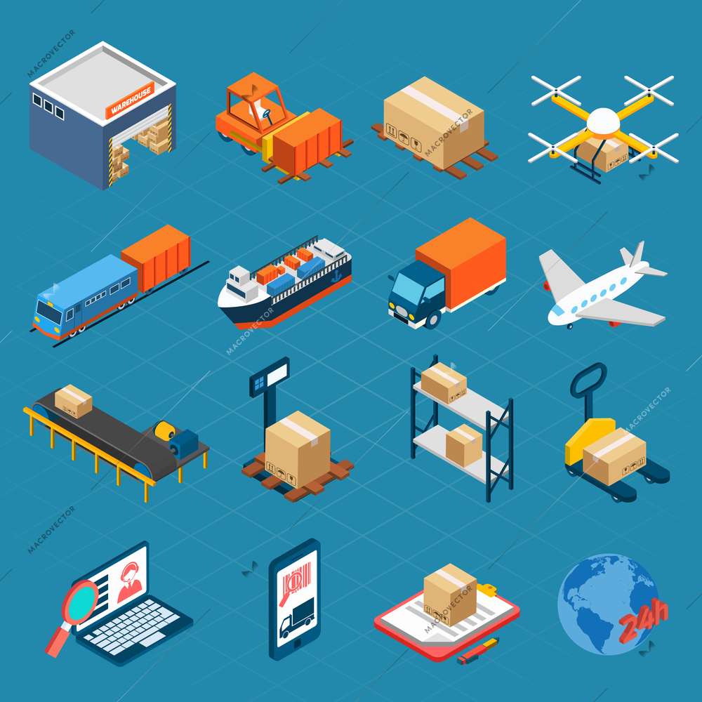 Isometric logistic icons set of water air and ground cargo transportation isolated  vector illustration