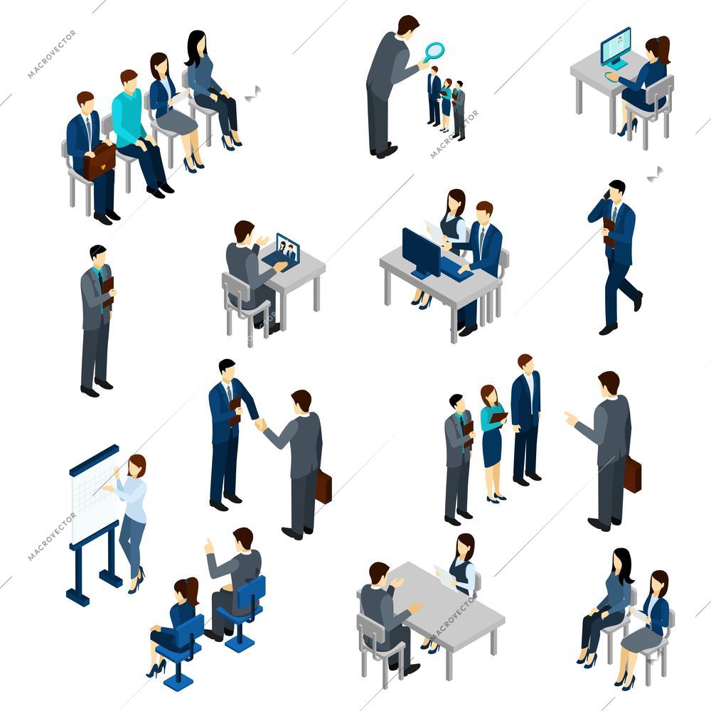 Recruitment process set with isometric business people employees isolated vector illustration