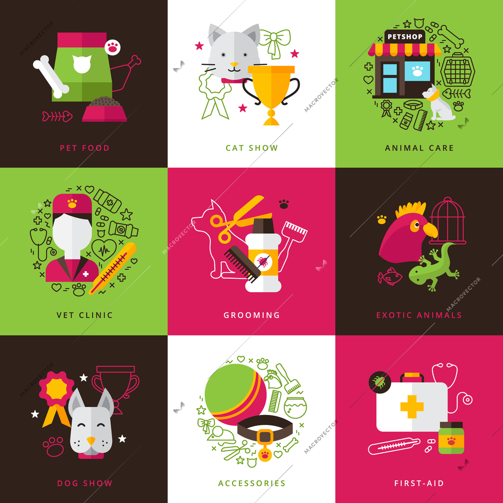 Flat color veterinary icons compositions of exotic animals grooming first aid pet food isolated vector illustration