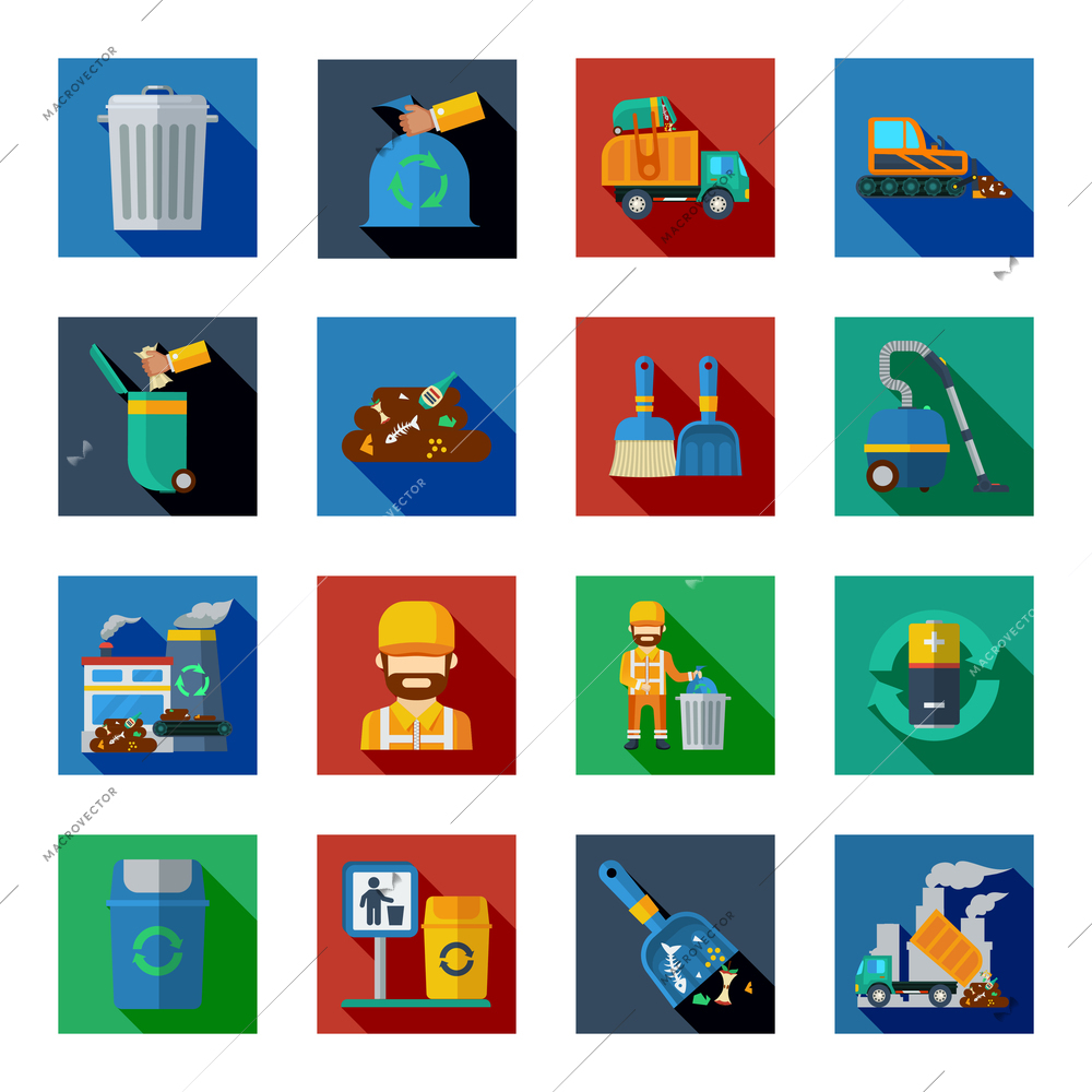 Disposal of waste colorful square icons set with vacuum cleaner  battery garbage basket bulldozer dump truck isolated vector illustration