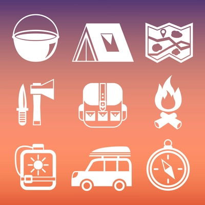 Outdoors tourism camping pictograms collection of compass tent campfire and knife isolated vector illustration