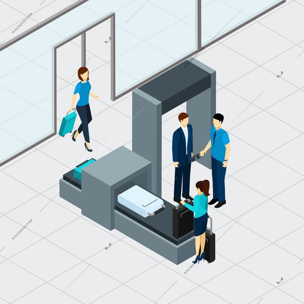 Airport security check with isometric people in queue vector illustration