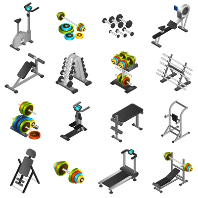 Realistic 3d icons set of different fitness equipments and training apparatus isolated vector illustration