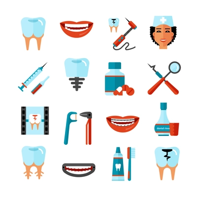 Dental care flat decorative icons set with stomatologist tools teeth care products and white smile symbols isolated vector illustration