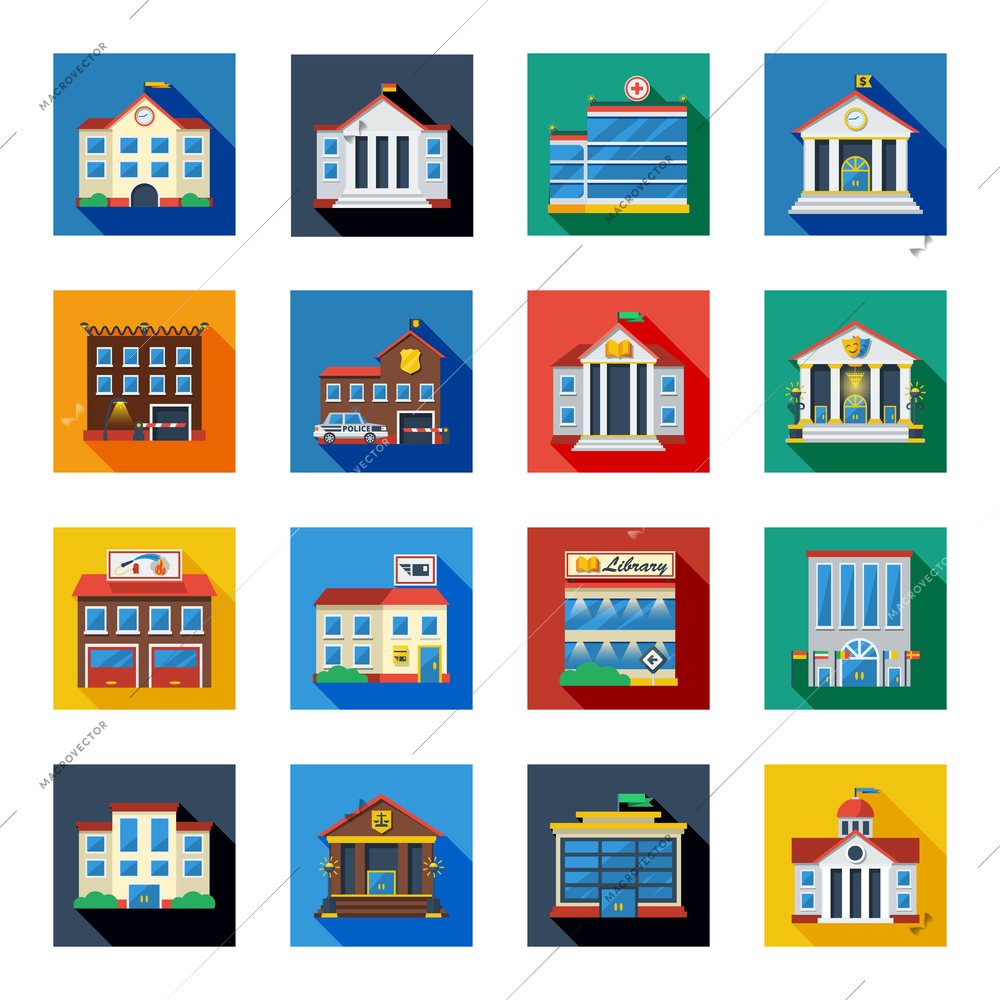 Government buildings flat icons set in colorful isolated squares with bank tax school church flat vector illustration