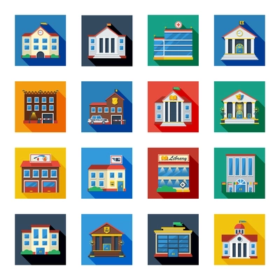 Government buildings flat icons set in colorful isolated squares with bank tax school church flat vector illustration