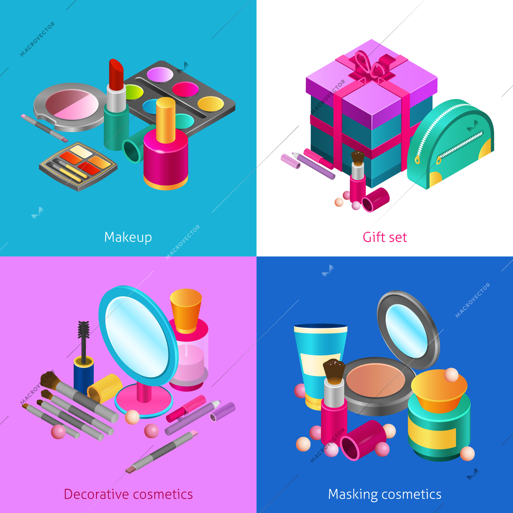 Cosmetics design concept set with isometric makeup products isolated vector illustration