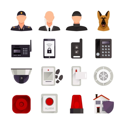 Home security flat decorative icons set with guard dog video camera and digital electronic systems for home protection isolated vector illustration