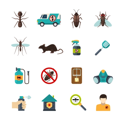 Home pest control expert exterminator service flat icons set with rat and cockroach abstract isolated vector illustration