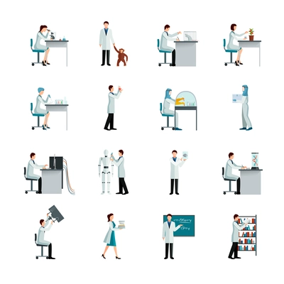 Scientists decorative flat color icons set with men and women doing research in laboratory on white background isolated vector illustration