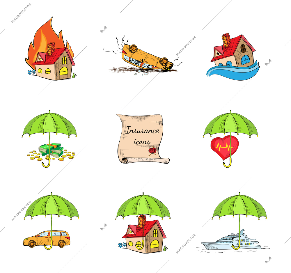 Insurance security icons set of risk accident fire and disaster events isolated hand drawn sketch vector illustration