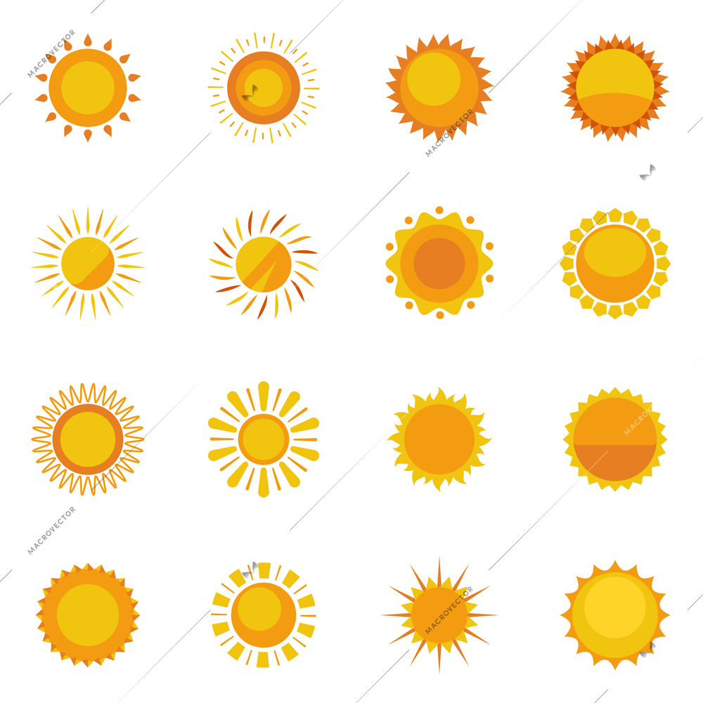 Colorful sun icons collection for design on white background with sunbeams flat isolated vector illustration