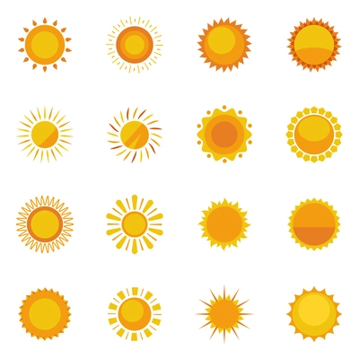 Colorful sun icons collection for design on white background with sunbeams flat isolated vector illustration