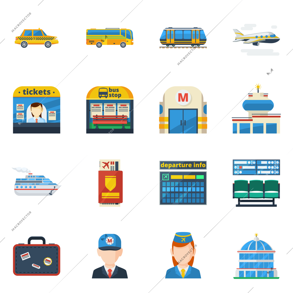 Passenger transportation flat icons set of jet plane bus taxi subway isolated vector illustration