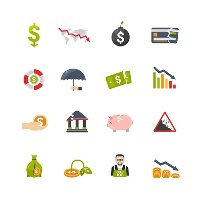 Financial crisis symbols flat icons set with currency banknotes and money box declining savings abstract isolated vector illustration