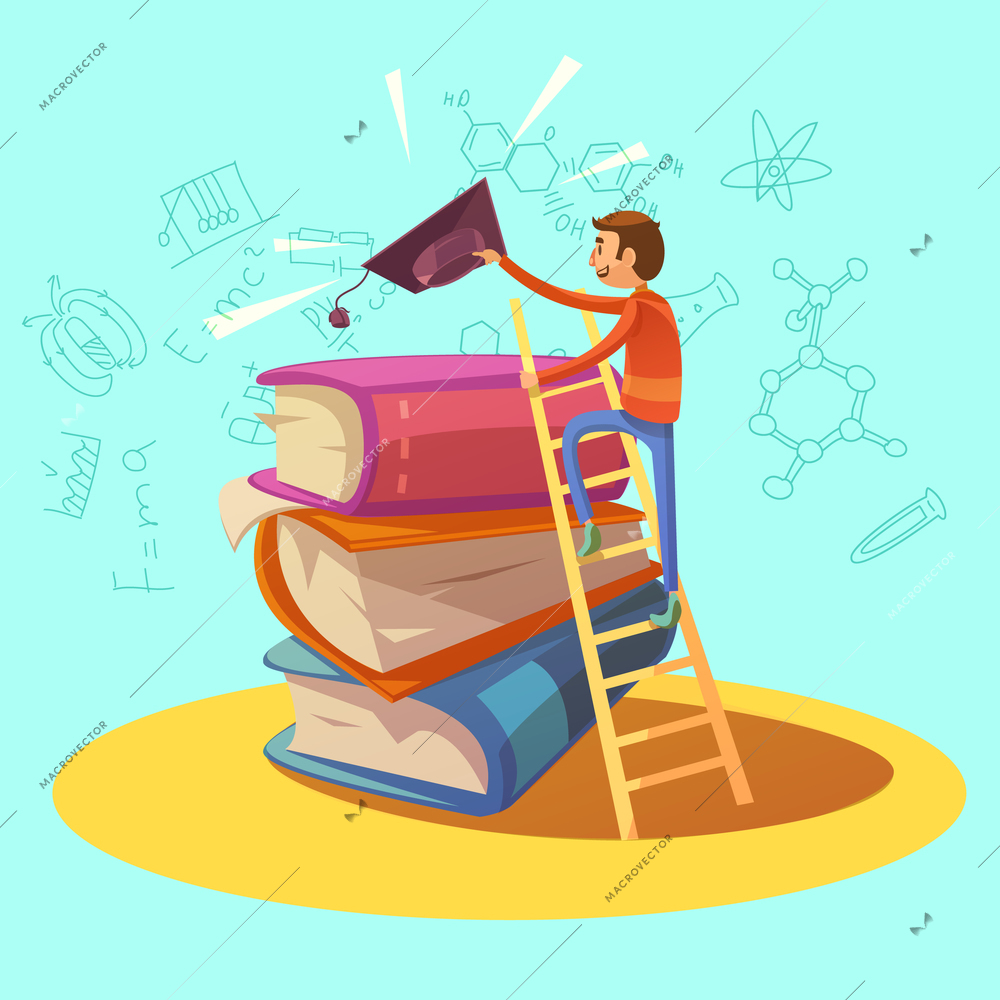 Education retro cartoon concept with boy climbing on books vector illustration