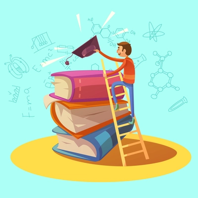 Education retro cartoon concept with boy climbing on books vector illustration