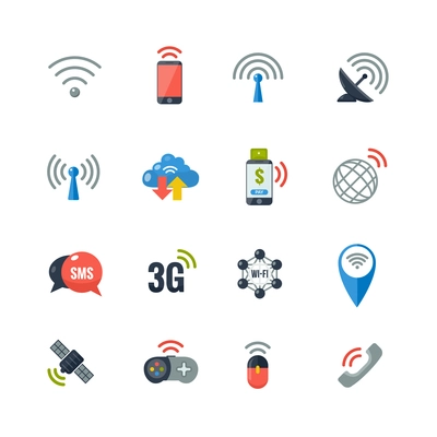 Wireless communication information transfer technology flat icons collection with antenna and smart  cell phone abstract isolated vector illustration