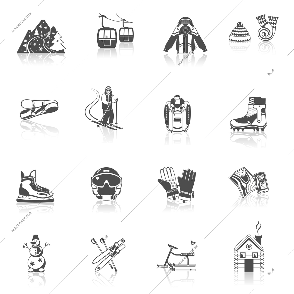 Ski resort icons black set with winter sport equipment symbols isolated vector illustration