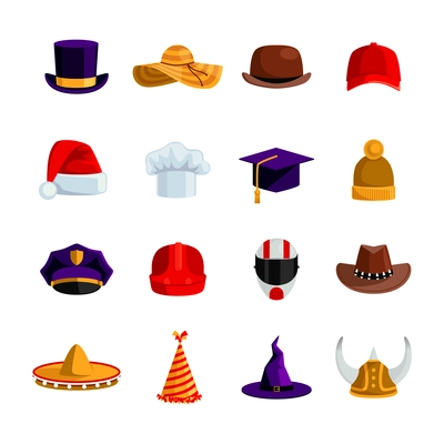 Hats and caps flat color icons set of sombrero bowler square academic hat baseball cap straw hat santa claus and clown caps isolated vector illustration