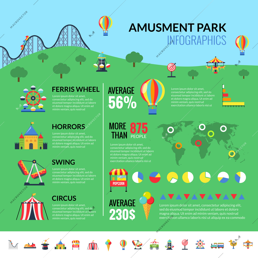 Amusement park industry infographic report with attractions visitors and profit statistics and pictograms set flat vector illustration