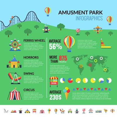 Amusement park industry infographic report with attractions visitors and profit statistics and pictograms set flat vector illustration