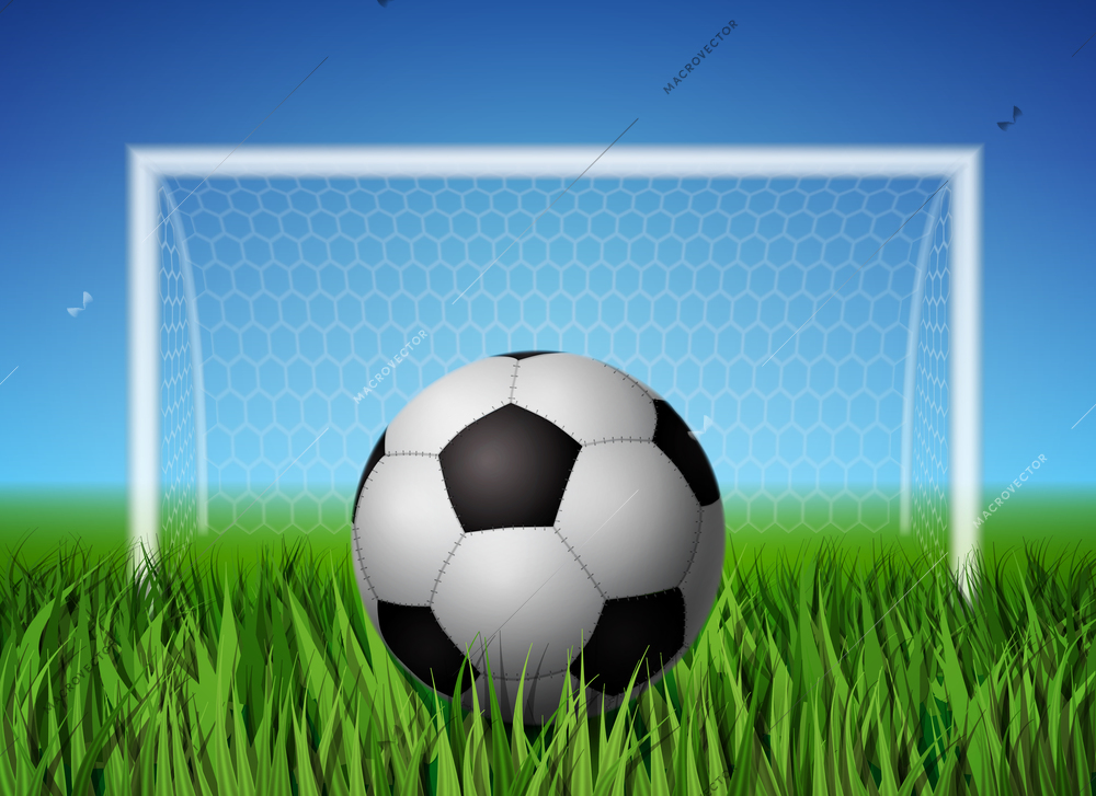 Realistic soccer ball and grass field with gates for football background poster template vector illustration