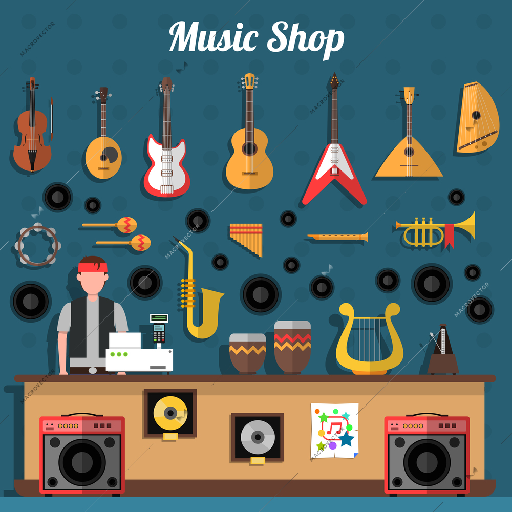 Music shop concept with musical instruments and records flat vector illustration