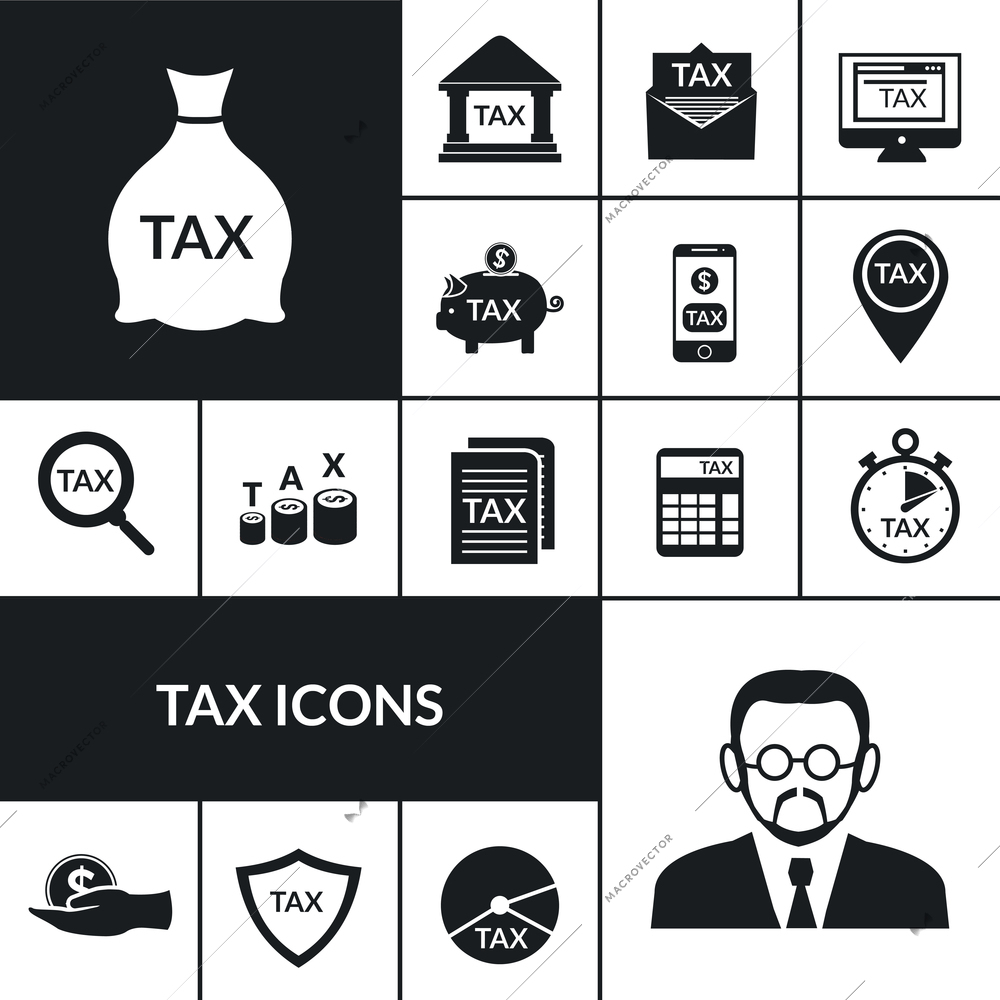 Income and estate taxes black icons composition poster with government official and money saving symbols abstract vector illustration