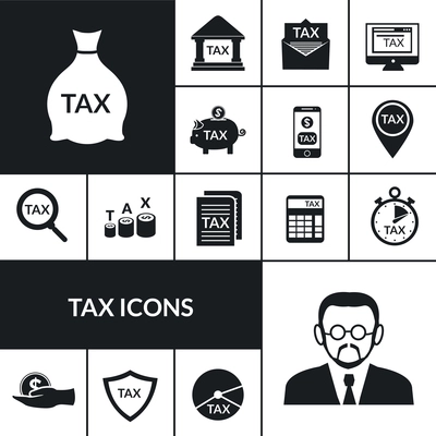 Income and estate taxes black icons composition poster with government official and money saving symbols abstract vector illustration